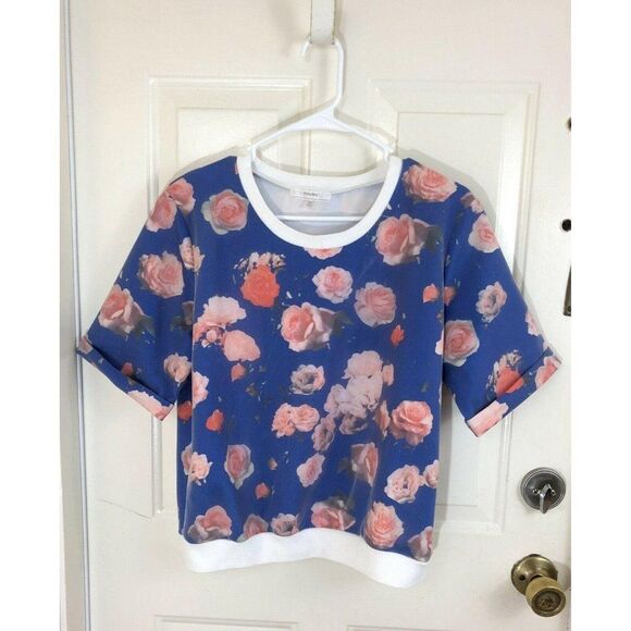 Poema Floral Mesh Scoop Neck Rolled Short Sleeve Blouse Medium - Picture 2 of 8